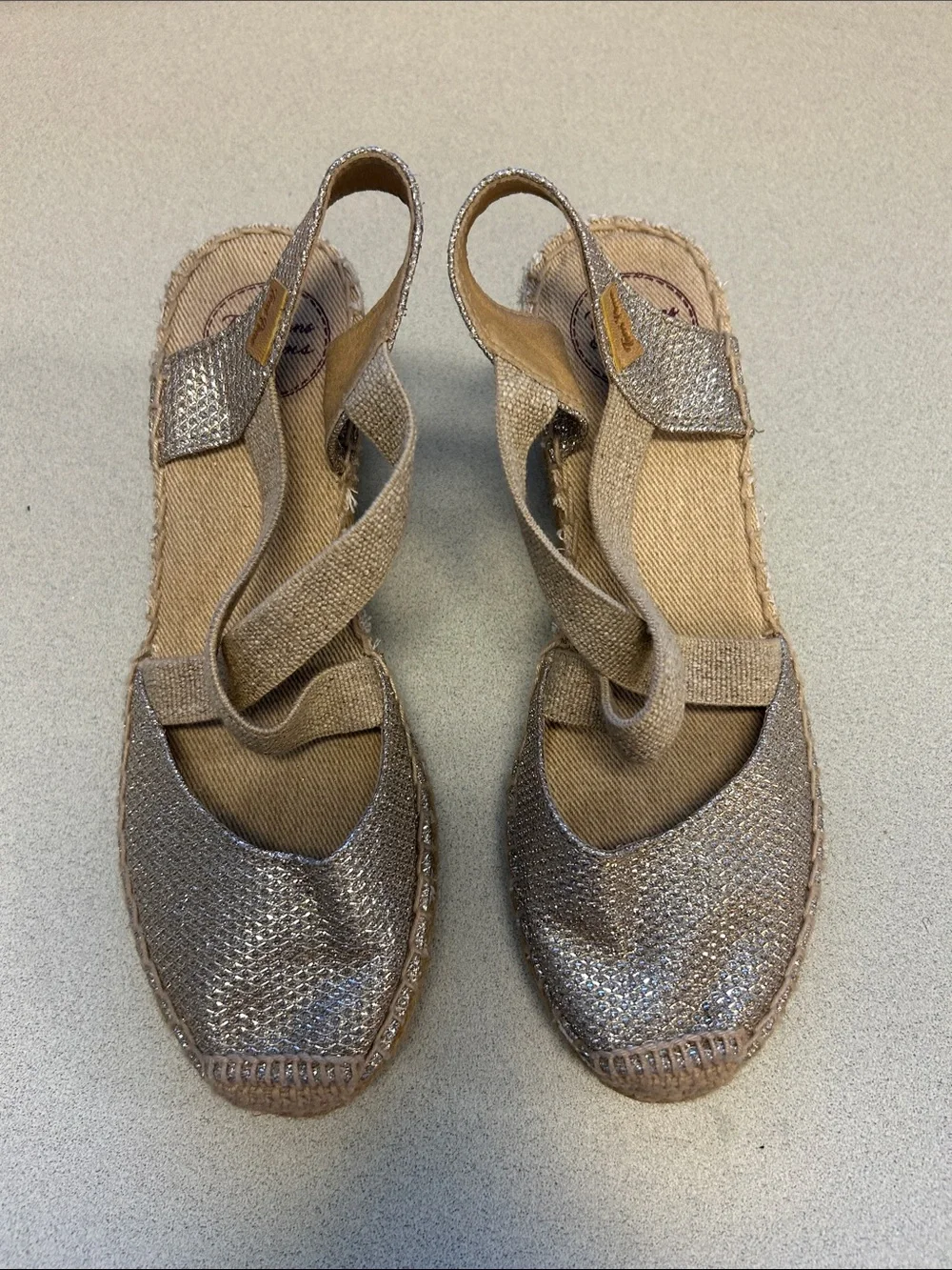 Toni Pons Woven Espadrille Wedge Slingback in Silver and Tan Size 39